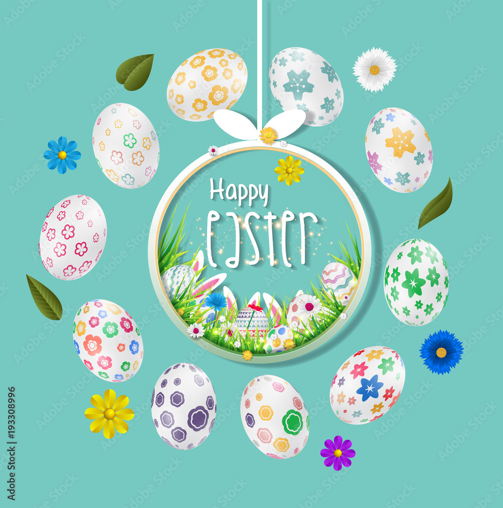Happy easter image vector. Modern happy Easter background with colorful eggs, bunny, rubbit, and spring flower. Template Easter greeting card, vector.