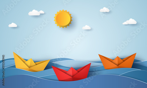 origami boat sailing in blue ocean , paper art style