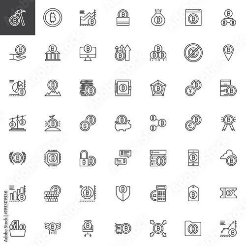 Bitcoin cryptocurrency outline icons set. linear style symbols collection, line signs pack. vector graphics. Set includes icons as fintech, blockchain, crypto, digital, currency, exchange, mining