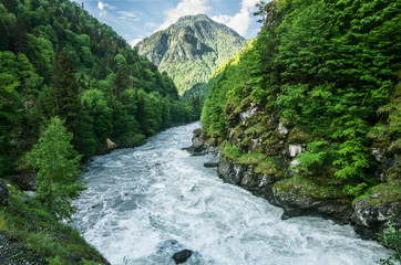Papier peint photo Rivière Rivière entre rochers et forêt alpine  © vladk213