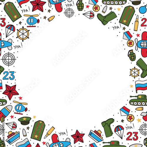 Vector background of military icons on a white background. Wrapping paper. Defender of the Fatherland Day - Russian national holiday on 23 February.