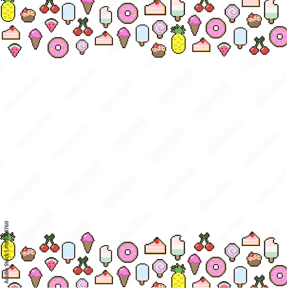 Seamless vector pixel background with cakes, ice cream, candy, donuts, berry isolated on white background. Seamless vector pixel background with cakes, ice cream, candy, donuts, berry isolated on white background.
