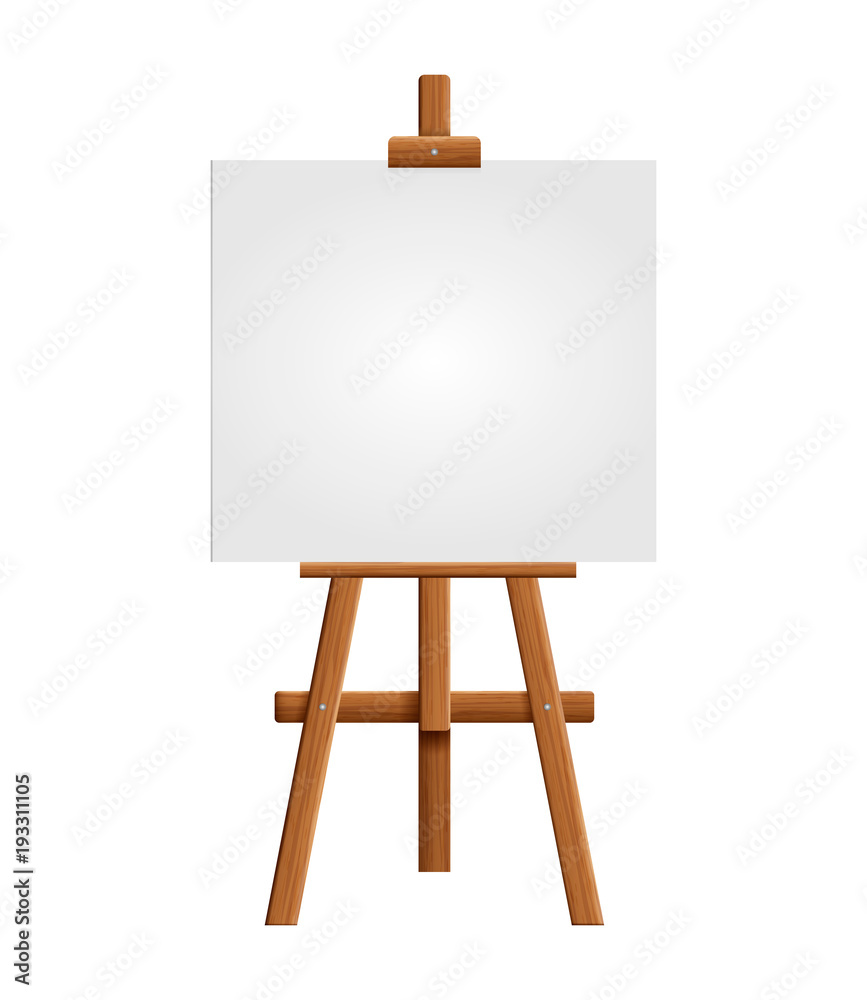 Blank art board and realistic wooden easel. Wooden Brown Easel with Mock Up Empty Blank Square Canvas Isolated on white background. Vector illustration.. Blank art board and realistic wooden easel. Wooden Brown Easel with Mock Up Empty Blank Square Canvas Isolated on white background. Vector illustration..