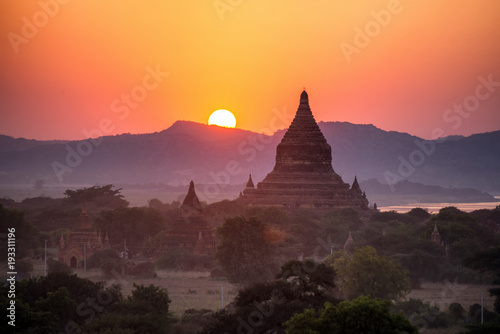 beautiful landscape view of sunrise and fog over ancient pagoda in Bagan   Myanmar