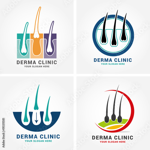 Hair care dermatology logo icon set with follicle medical diagnostics symbols. Alopecia treatment and transplantation concept. Vector illustration.