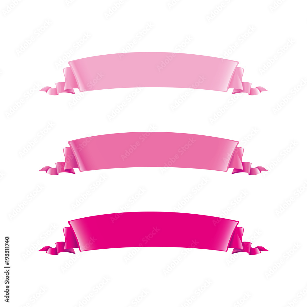 Set of ribbons for headings. Light pink, Magenta and fuchsia. Long volume curved semicircle arc strip, tape of fabric or paper with curly edges. Silk ribbon with empty space for title writing. Vector Set of ribbons for headings. Light pink, Magenta and fuchsia. Long volume curved semicircle arc strip, tape of fabric or paper with curly edges. Silk ribbon with empty space for title writing. Vector