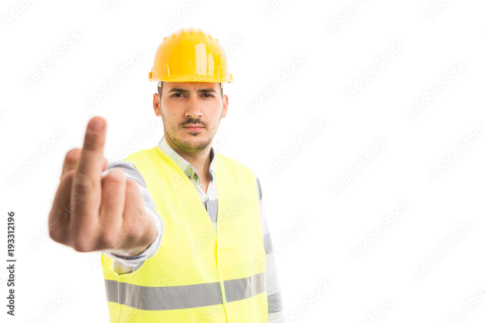 Builder or constructor showing middle finger. Builder or constructor showing middle finger.