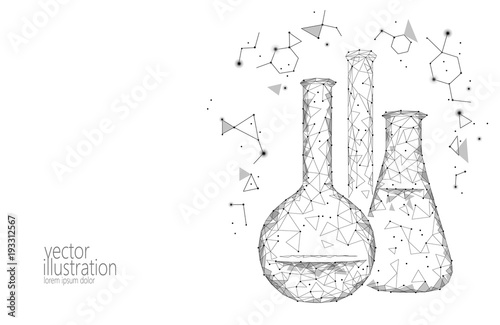 Low poly science chemical glass flasks. Magical equipment polygonal triangle gray white monochrome abstract research future technology business medicine concept vector illustration