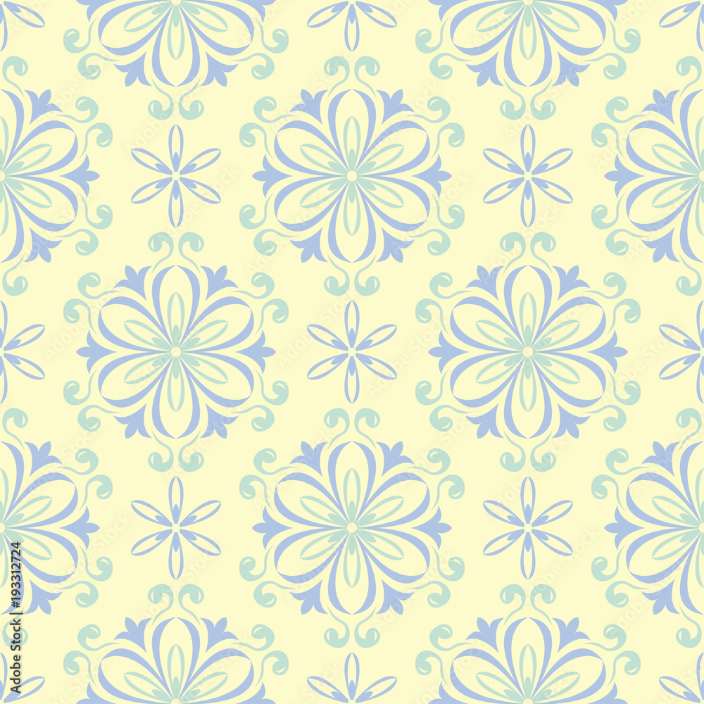 Seamless background with floral pattern. Beige background with light blue and green flower elements Seamless background with floral pattern. Beige background with light blue and green flower elements