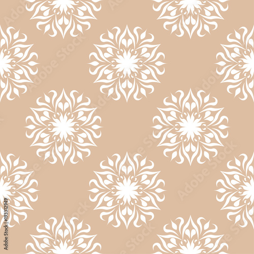 White floral ornament on beige background. Seamless pattern