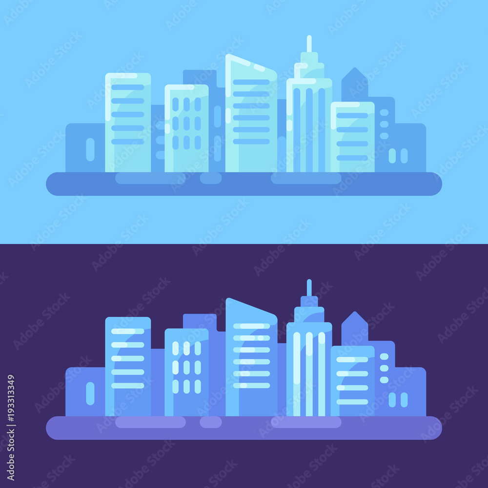 Modern city day and night background. Cityscape flat illustration banner