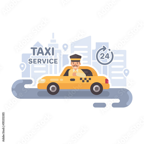 Taxi driver in a car. Taxi service flat vector illustration