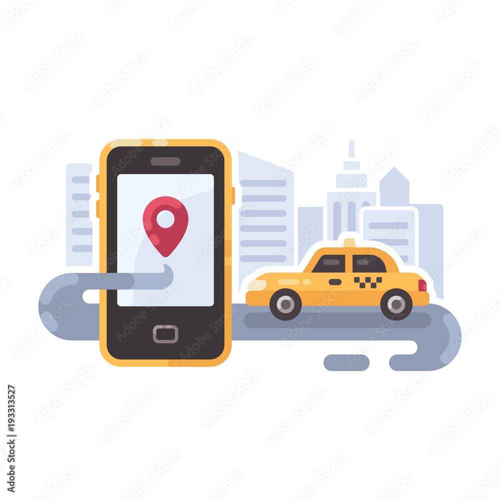 Yellow taxi car on the road with smartphone. Mobile taxi service flat illustration banner Yellow taxi car on the road with smartphone. Mobile taxi service flat illustration banner