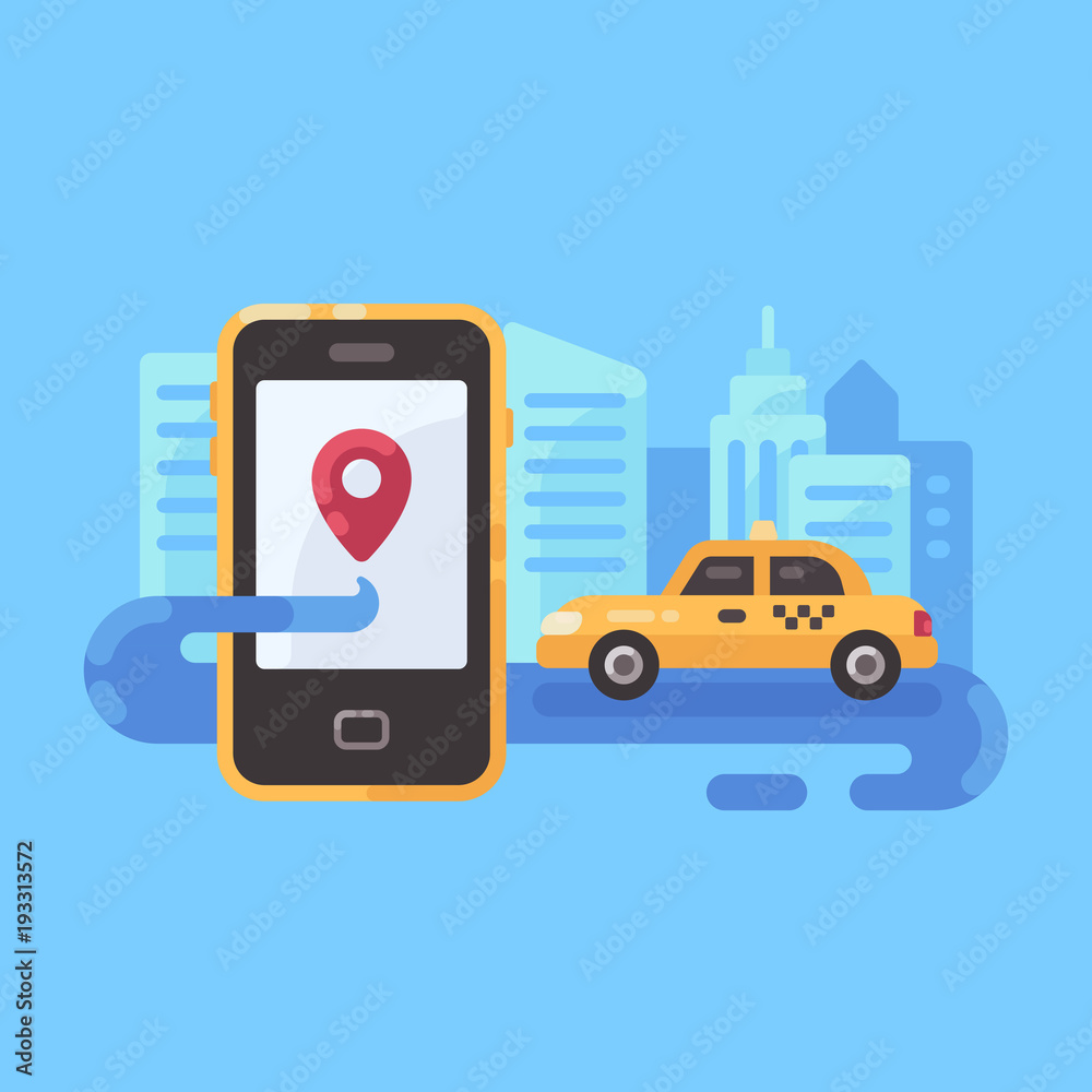 Yellow taxi car on the road with smartphone. Mobile taxi service flat illustration banner Yellow taxi car on the road with smartphone. Mobile taxi service flat illustration banner