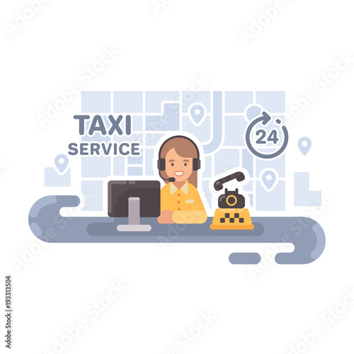 Taxi dispatcher at her desk. Taxi service flat illustration