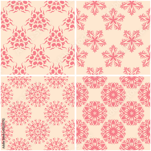 Floral patterns. Set of beige and red seamless backgrounds