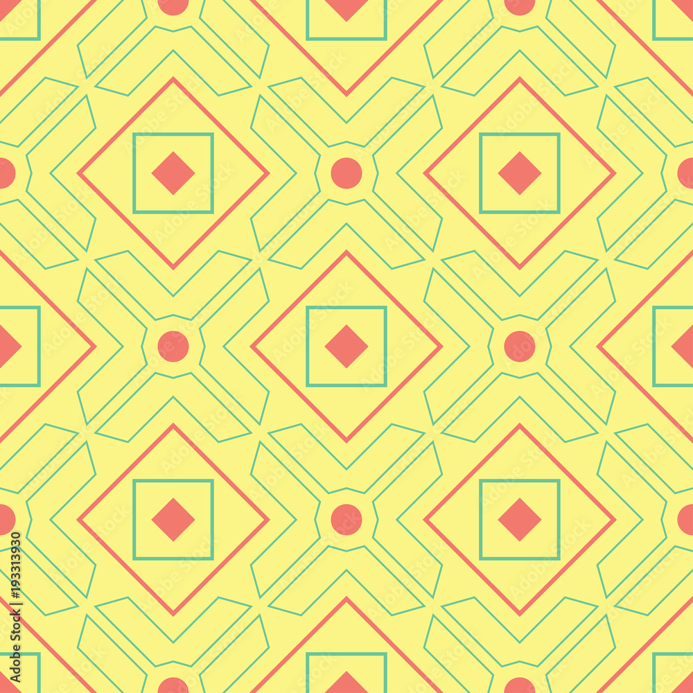 Seamless pattern with geometric green and pink elements. Yellow multi colored background