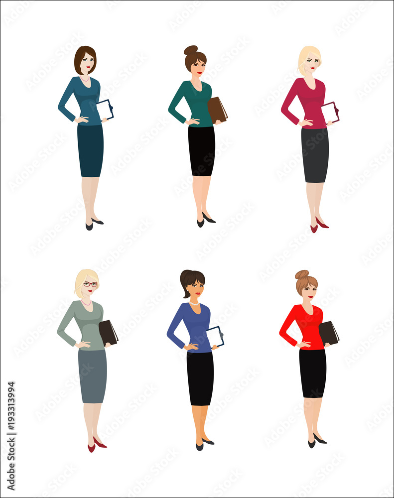Set of character business woman. Clerk, specialist in public relations, skilled office employees, qualified PR managers on white background. Vector illustration. Set of character business woman. Clerk, specialist in public relations, skilled office employees, qualified PR managers on white background. Vector illustration.