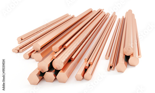 Stack of copper rods isolated on white. Different sizes and diameters - 3D illustration