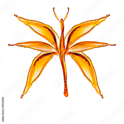 Motyl utworzony z chlapnięć kolorowym płynem. Abstrakcyjny owad powstały z pluśnięć wody.