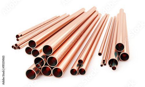 Stack of copper tubes isolated on white. Different sizes and diameters - 3D illustration photo