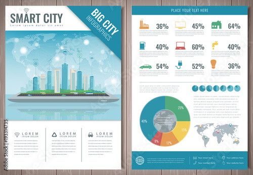 Smart city brochure with infographic elements. Template of magazine, poster, book cover, banner, flyer. Big city life concept. Vector