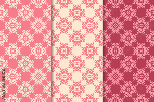 Set of red floral ornaments. Cherry pink vertical seamless patterns