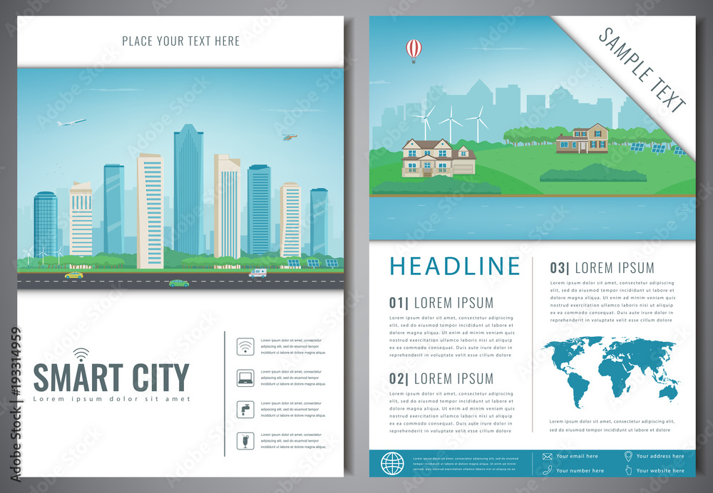 City brochure with urban landscape and suburb. Template of magazine, poster, book cover, banner, flyer. Big city and suburb life. Vector