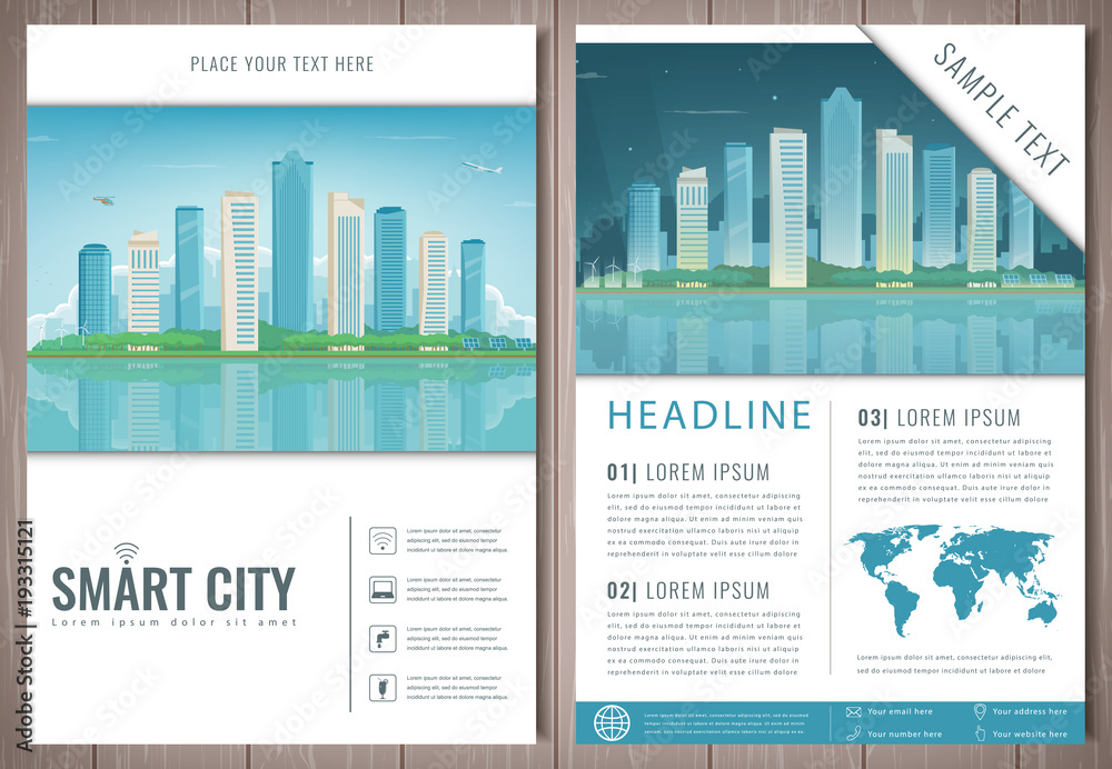 City brochure with day and night urban landscape. Template of magazine, poster, book cover, banner, flyer. Building architecture, cityscape town. Vector
