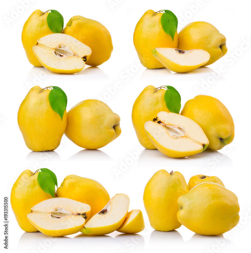 Set of ripe quince fruits with leaf and slice isolated on white photo