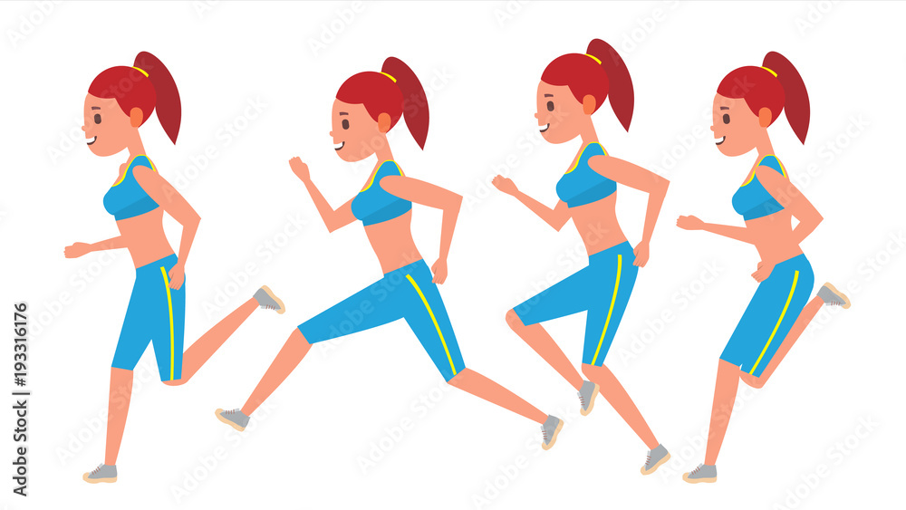 Female Running Vector. Animation Frames Set. Sport Athlete Fitness Character. Marathon Road Race Runner. Woman Side View. Sportswear. Jogging, Workout. Isolated Flat Illustration