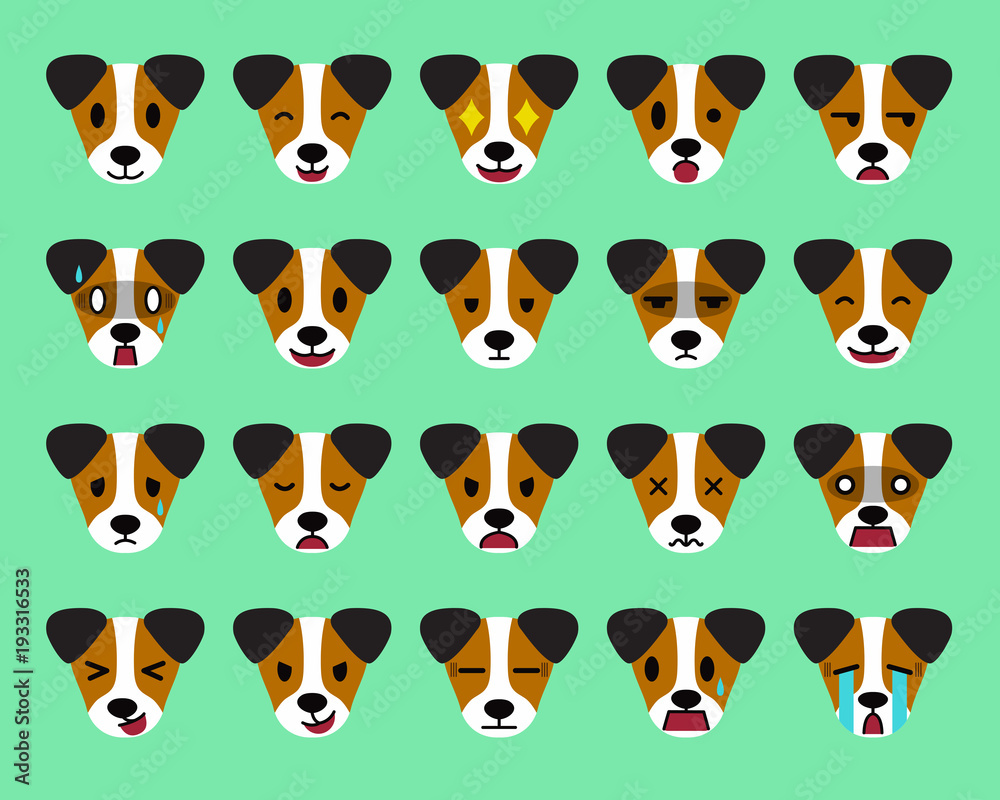 Set of vector cartoon character jack russell terrier dog faces showing ...