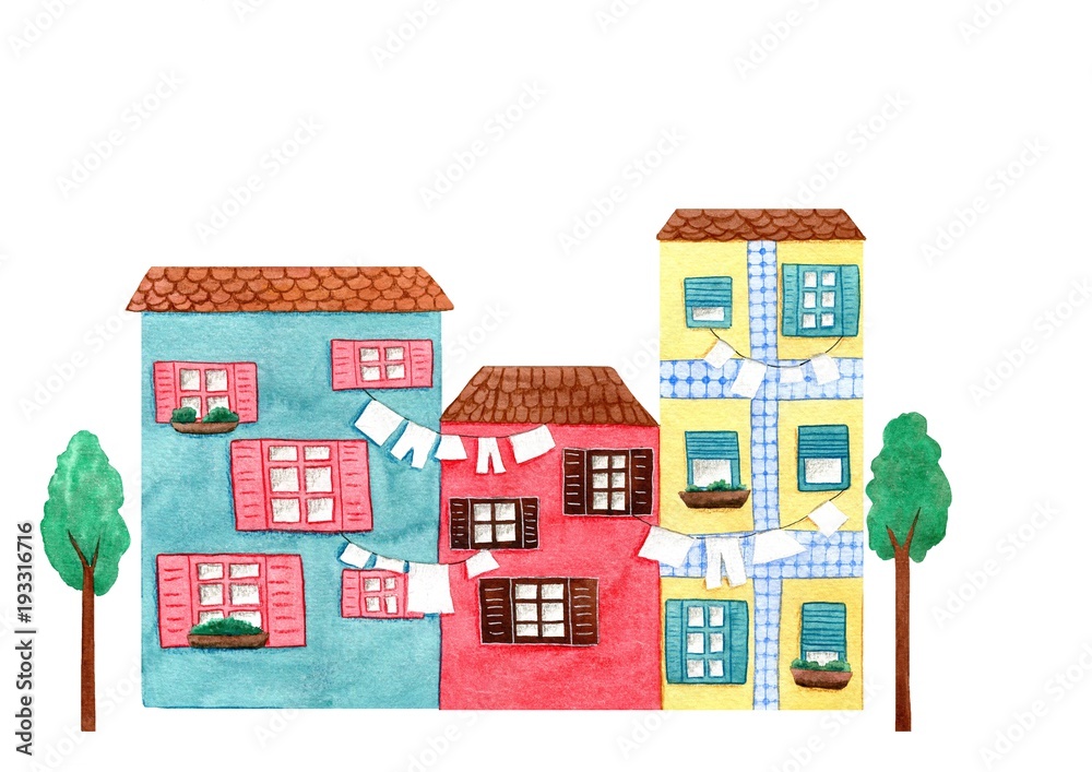 Naklejka premium Colorful houses with hanging clothes