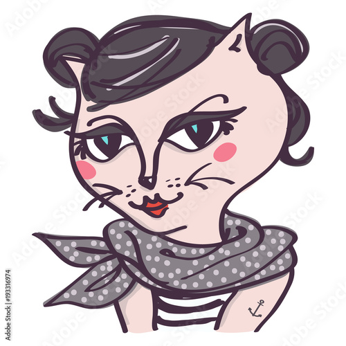 Hipster pink cat with bun hairstyle and tattoo  isolated vector cartoon on white background