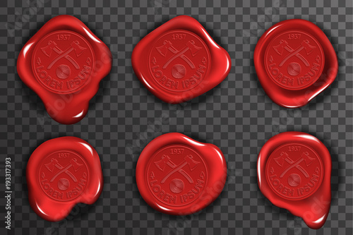 Wax seal stamp red certificate sign transparent background mockup icons set 3d realistic design vector illustration