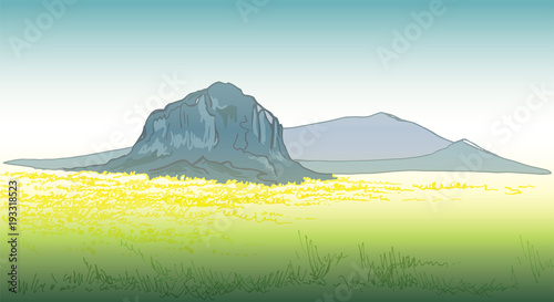 Landscape of South Korea. Korean mountains.  Cheju Island. Hallasan National Park. Rapeseed field


