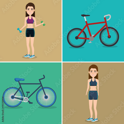 female athletes with bicycles icons vector illustration design