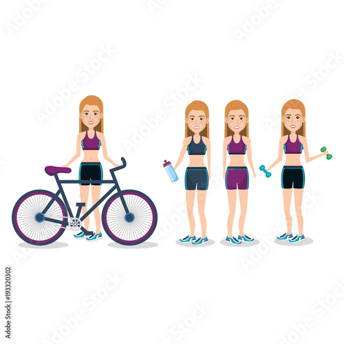 female athletes with bicycle and weight lifting vector illustration design