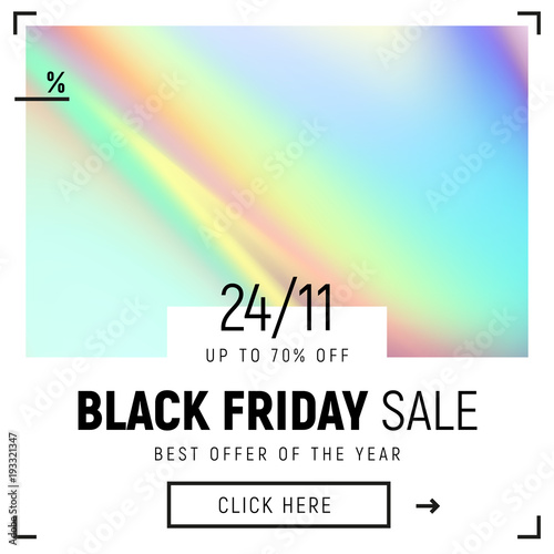 Black friday sale template in the trendy holographic fluid style. Blue, pink gradients in minimal design. Abstract square banner for social media, web, e-mail promotion. EPS 10 vector illustration.