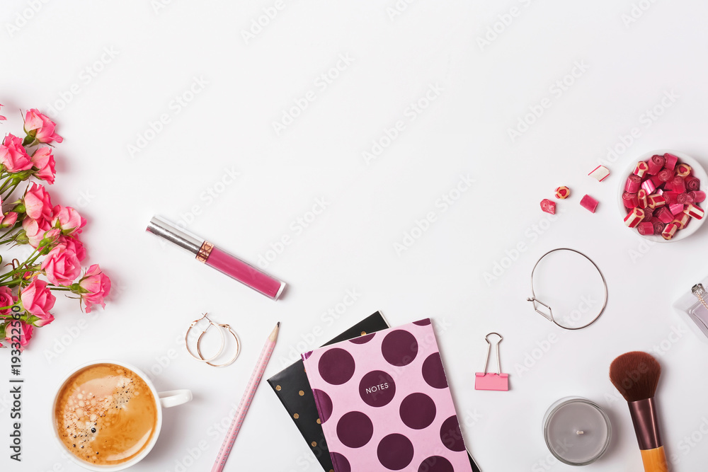 Pink colored objects, roses and coffee on the white background. Pink colored objects, roses and coffee on the white background.