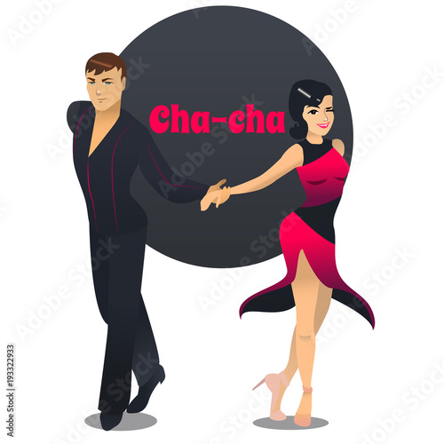 Cha Cha Dancers. Dancing Couple in Cartoon Style for Fliers Posters Banners Prints of Dance School and Studio. Vector Illustration