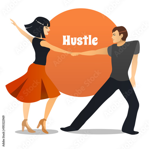 Hustle Dancers. Dancing Couple in Cartoon Style for Fliers Posters Banners Prints of Dance School and Studio. Vector Illustration