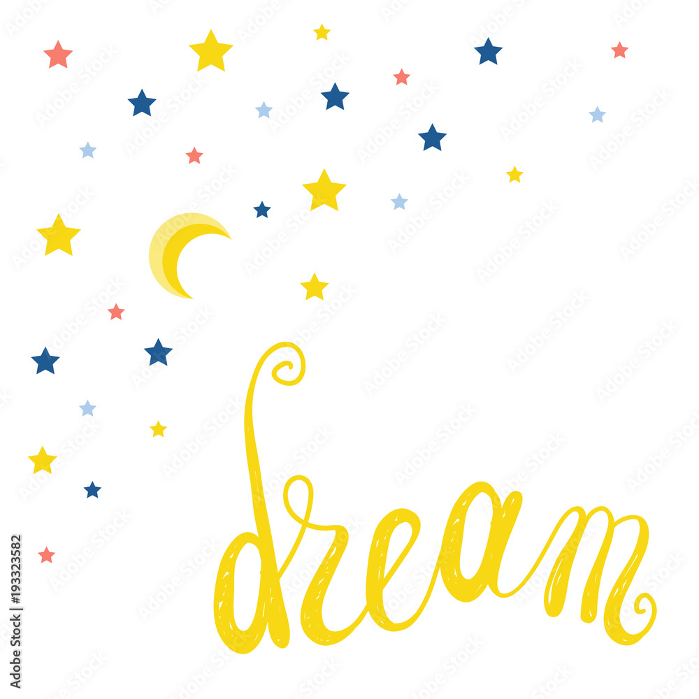 Fototapeta premium Handmade childish card background. Handwritten lettering, moon and star. Abstract pattern for card, invitation, book, diary, brochures, scrapbook, poster, album, workshop advertising t shirt etc.