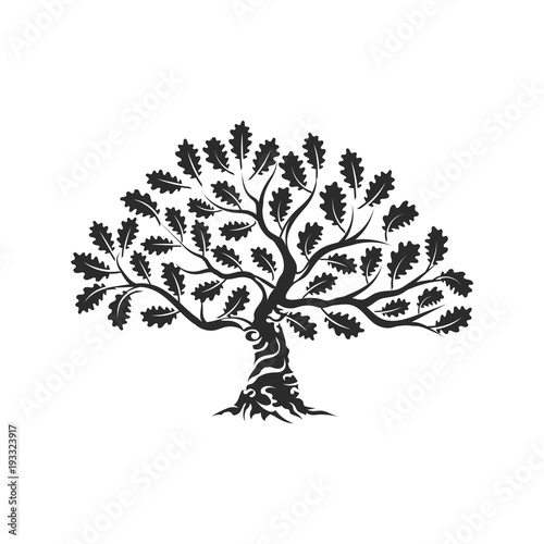 Huge and sacred oak tree silhouette logo badge isolated on white background