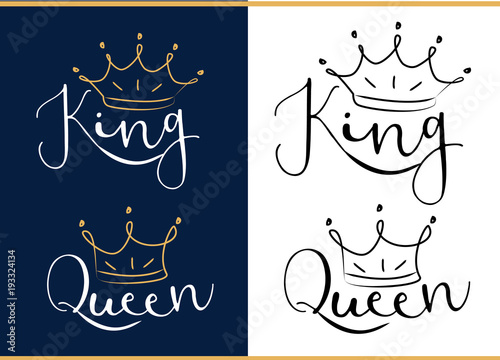 Queen and king. Black text logo with royal crown and tiara. Doodle illustration, hand drawn design element isolated on white background. Royal print: t-shirt, cup, pillow, wedding invitation, poster.
