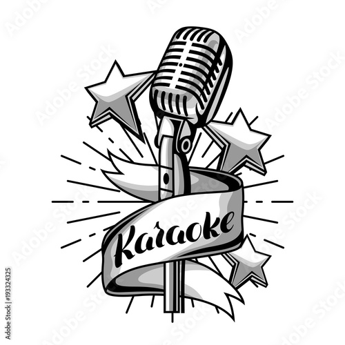 Karaoke party label. Music event background. Illustration with microphone in retro style