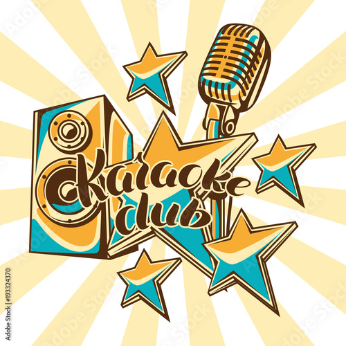 Karaoke club design. Music event background. Illustration with microphone and acoustics in retro style