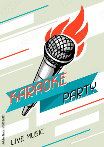 Karaoke party poster. Music event banner. Illustration with microphone in retro style