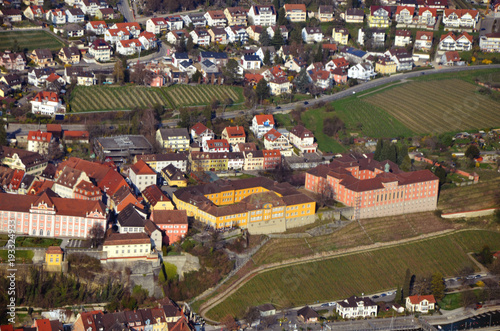 Aerial view of Meersburg and ferry port, Lake Constance, South  Germany in spring