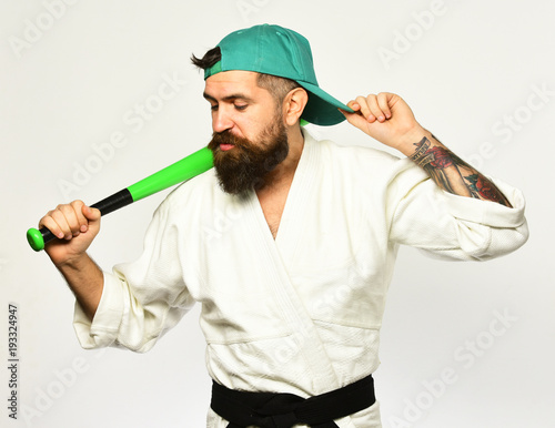 Gangster gets ready to fight. Karate man with haughty face